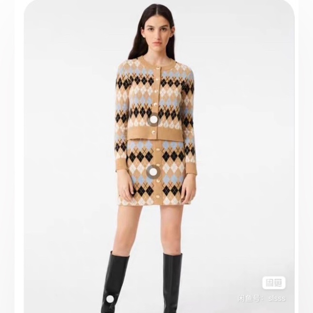 Maje wool Argyle Knit Cardigan and Skirt Set